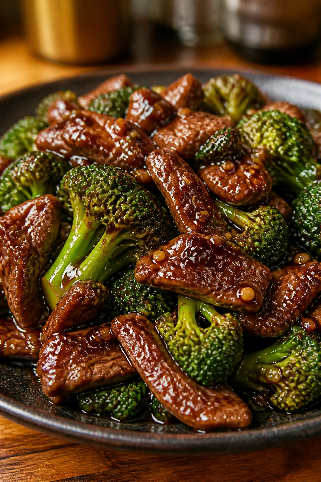 Glossy beef and broccoli stir fry with sticky sauce on a dark plate