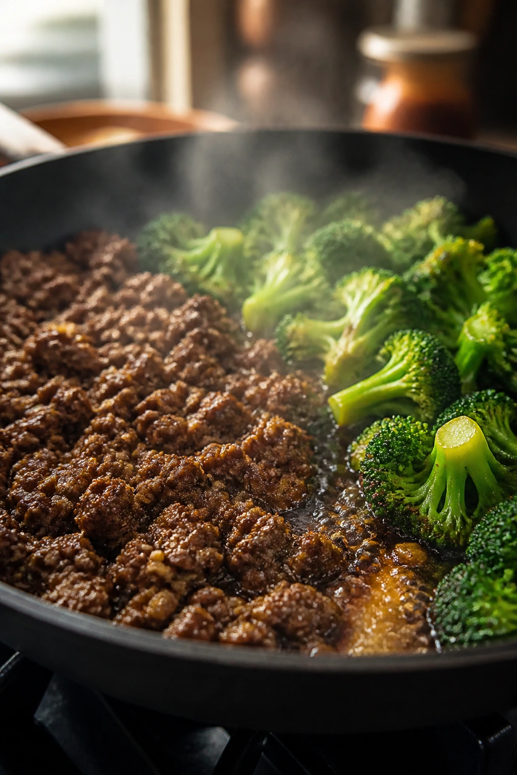 Sizzling beef with broccoli in skillet with glossy sauce in warm kitchen