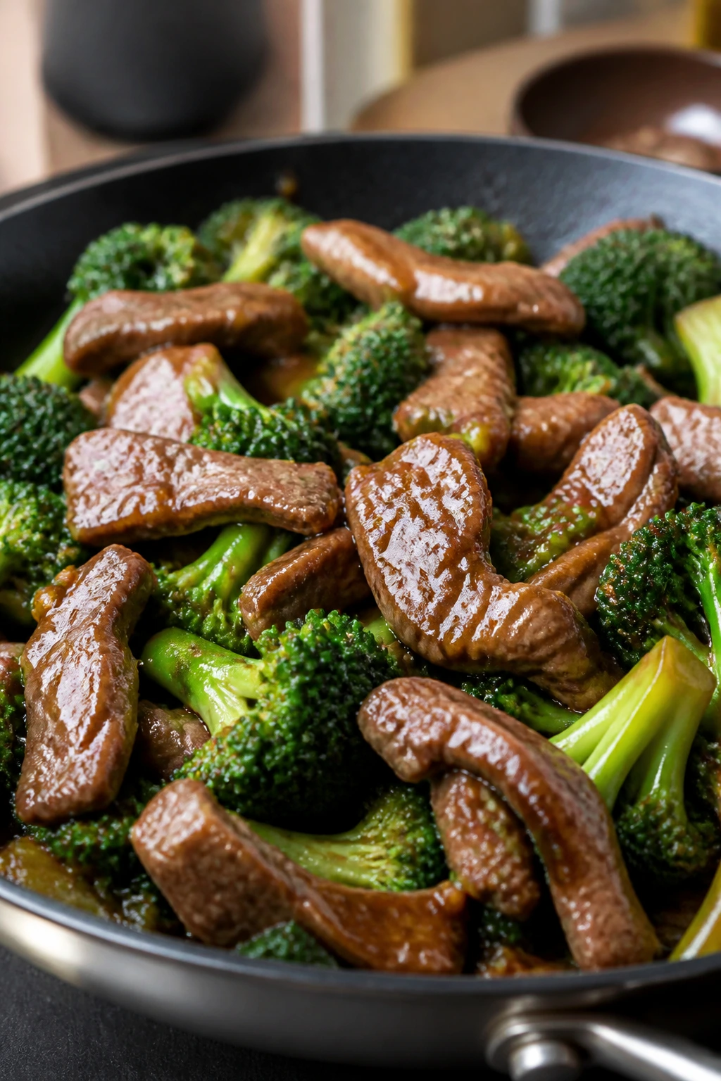 Close-up of beef and broccoli stir-fry with glossy sauce
