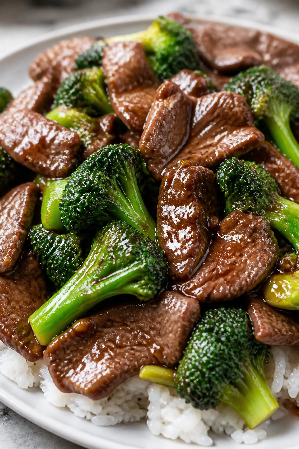 Close-up of beef and broccoli stir-fry on a plate