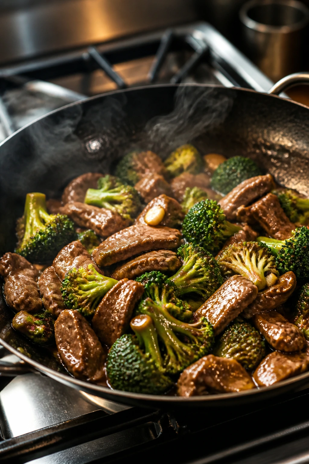 Close-up of glossy beef and broccoli stir-fry in a hot skillet