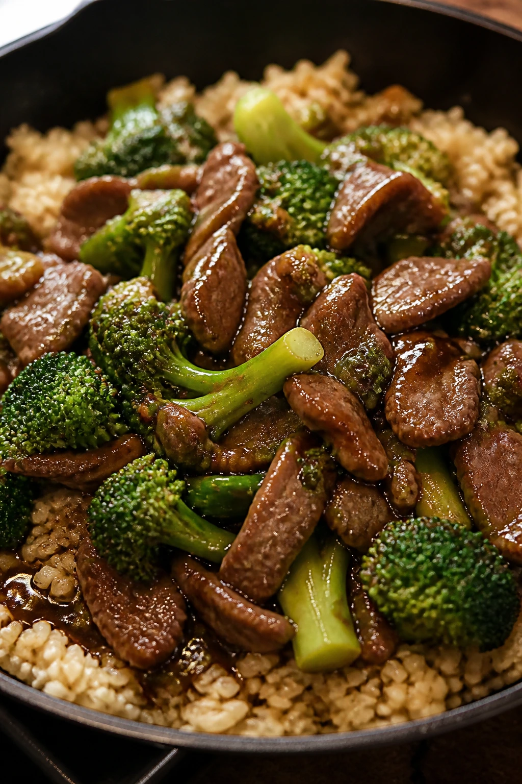 Beef and broccoli stir-fry on rice
