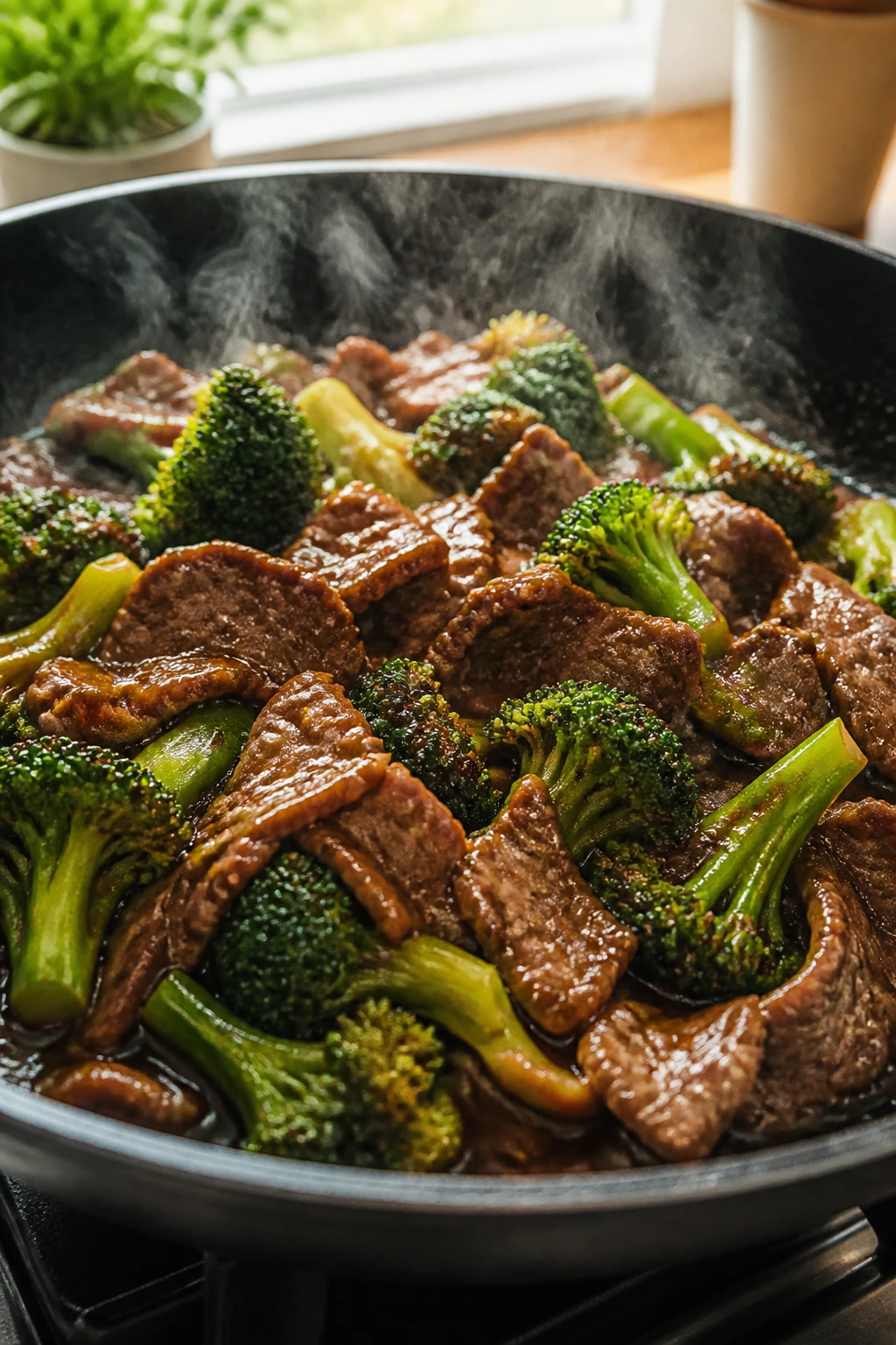 Beef and broccoli stir-fry in a hot skillet with glossy sauce