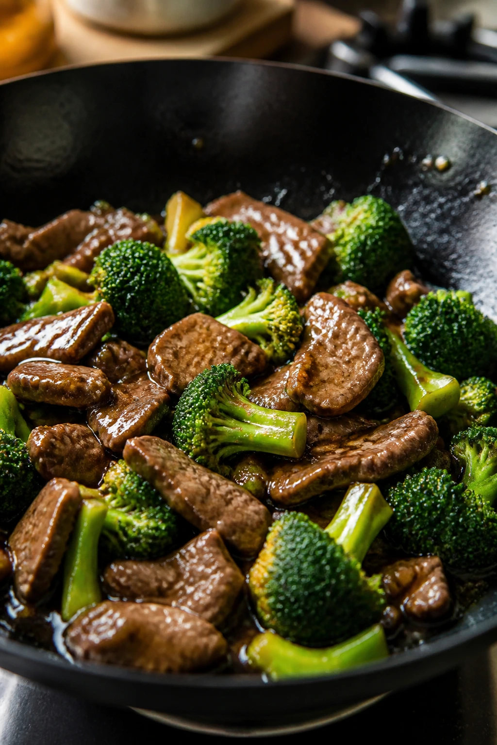 Beef and broccoli stir-fry in glossy sauce