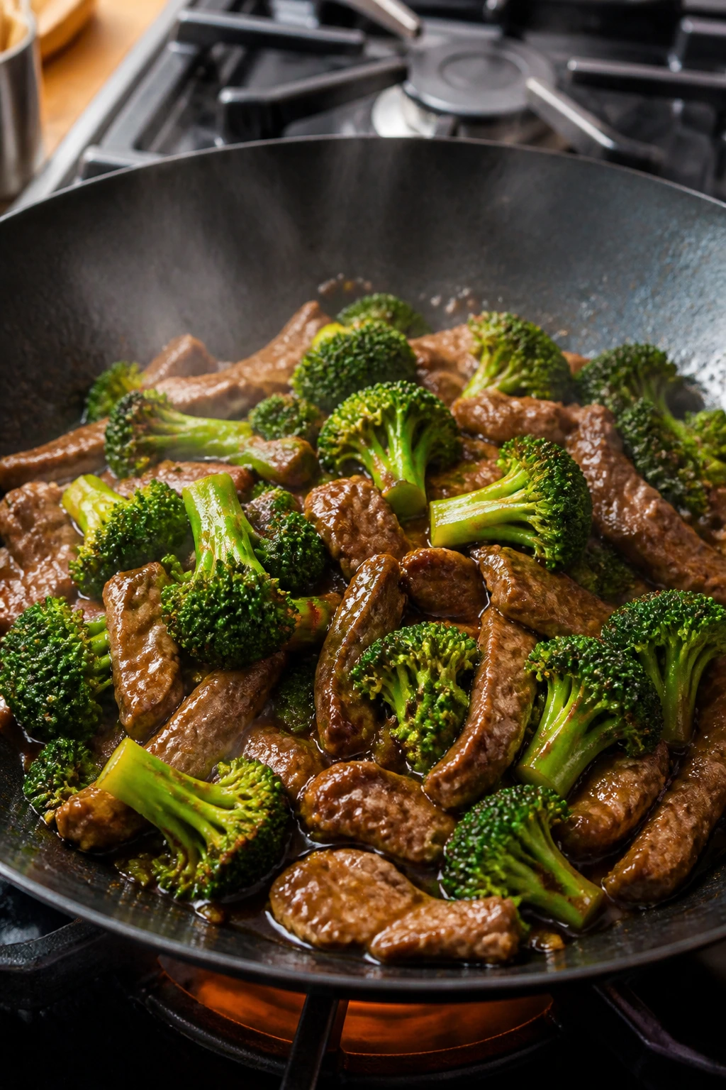 Beef and broccoli stir-fry in a glossy sauce in a wok with steam
