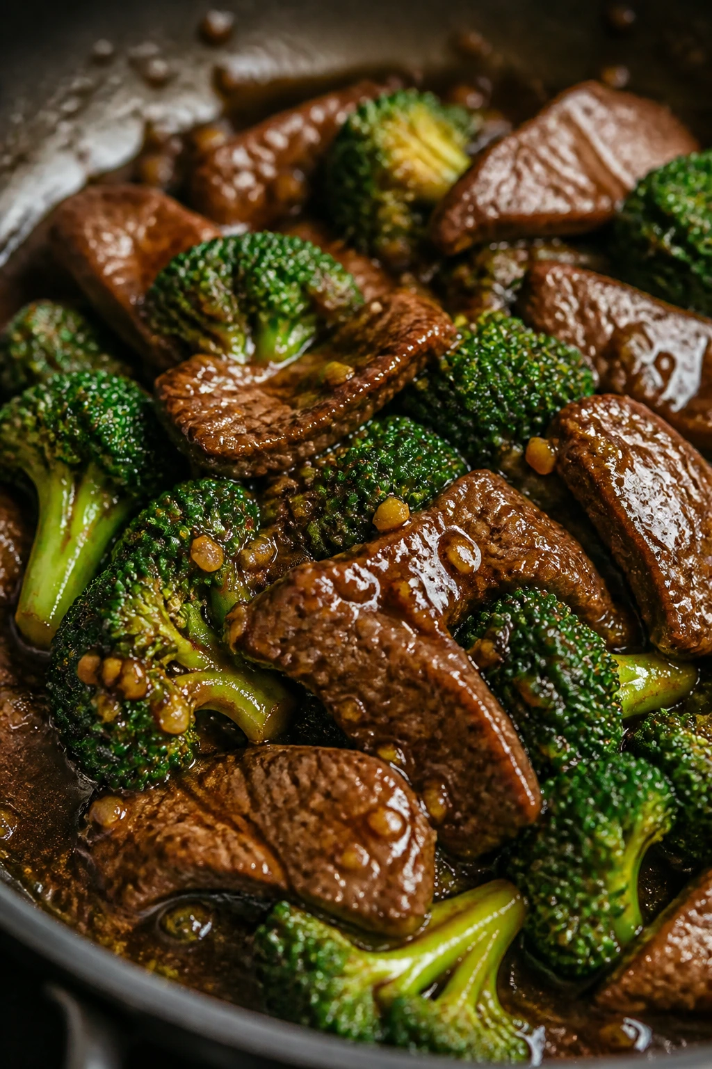 Close-up of beef and broccoli with glossy garlic-ginger sauce on a plate