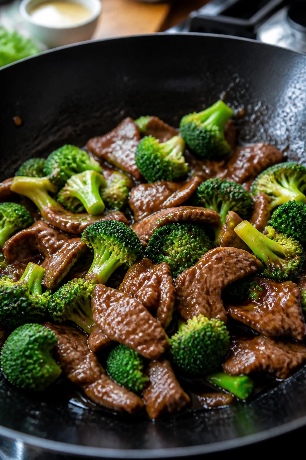 Beef and broccoli stir-fry in a wok with glossy sauce and bright broccoli.