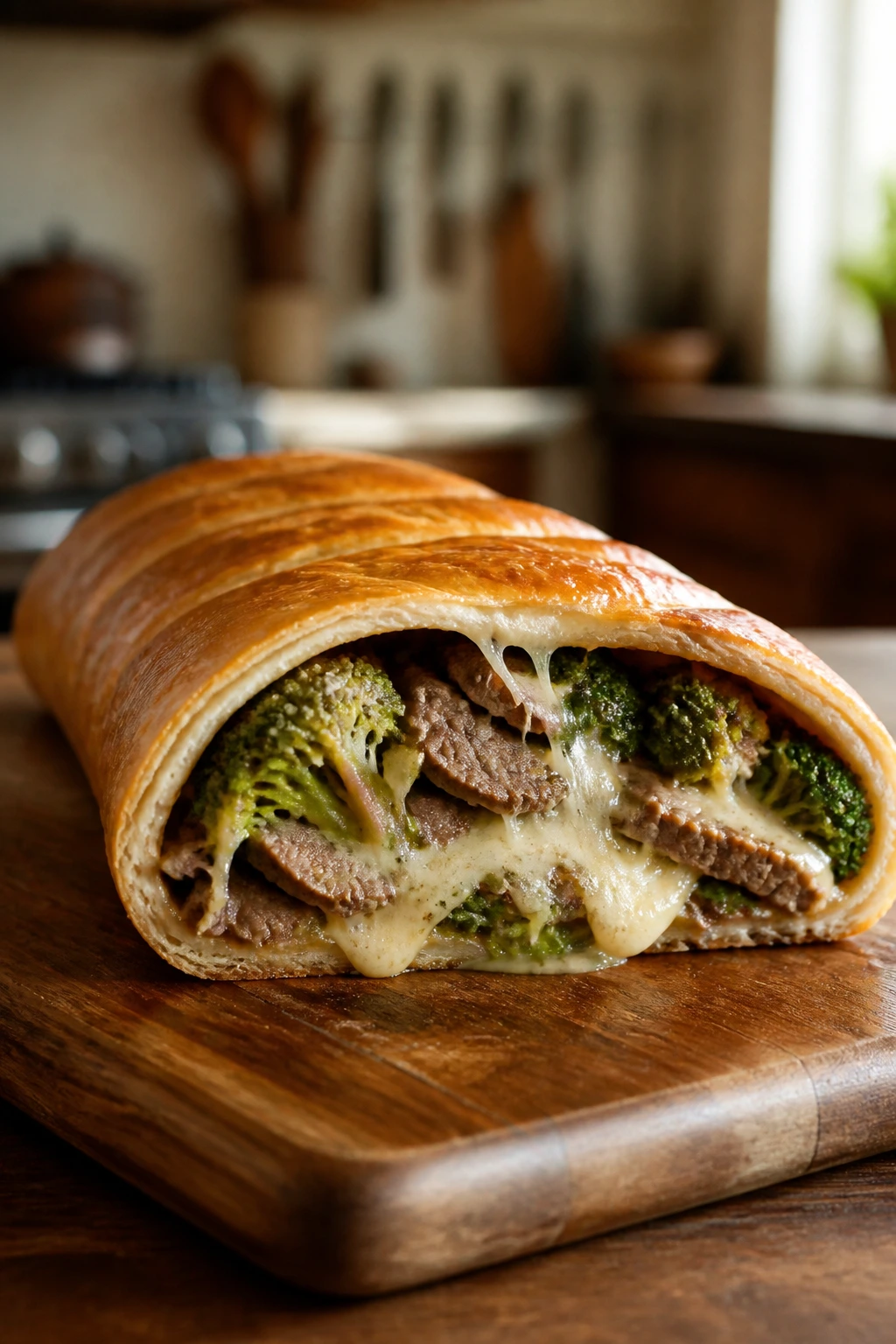 Beef and broccoli stromboli log sliced to show beef, broccoli and cheese filling on a wooden board