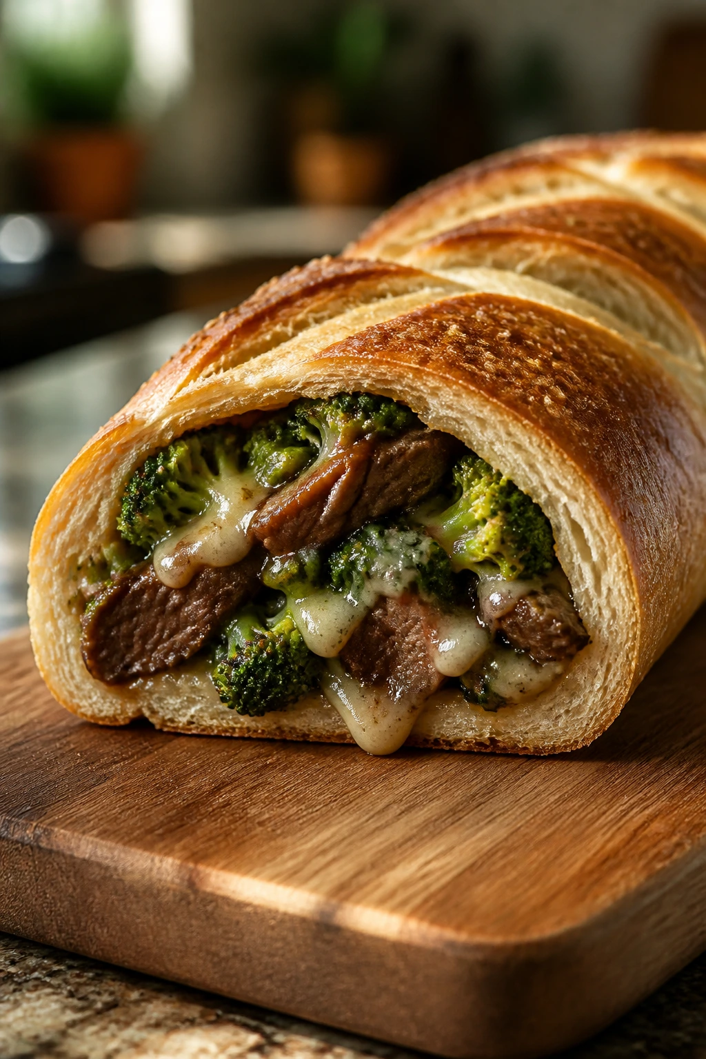 Stuffed baguette filled with beef and broccoli slices, melted cheese