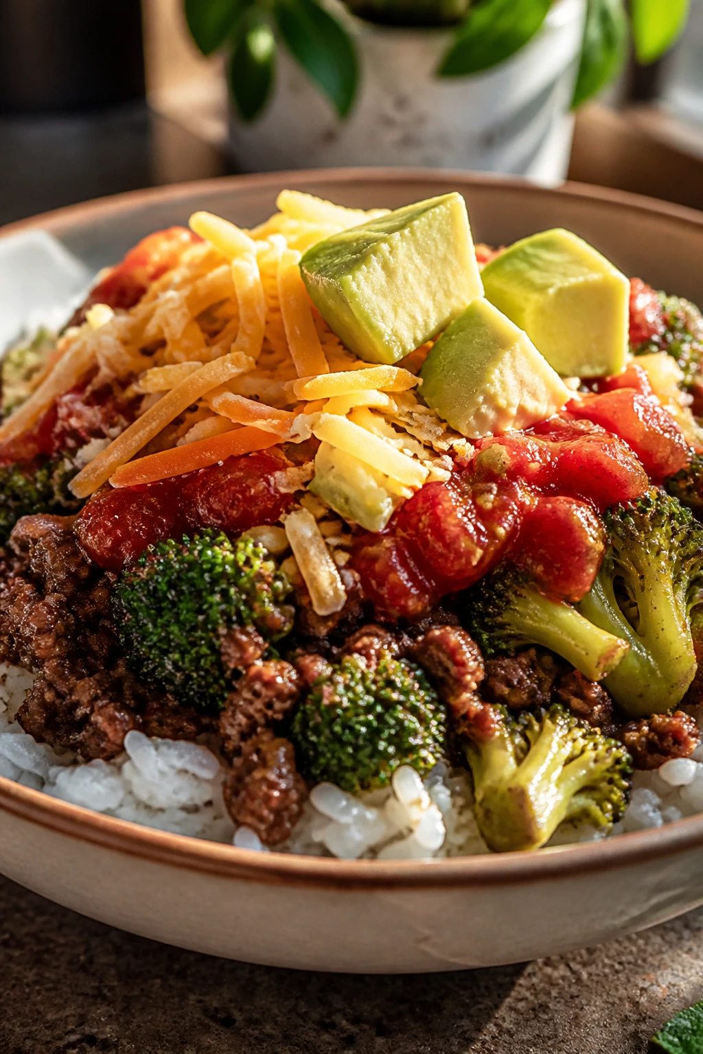 Close-up of Beef and Broccoli Taco Bowls with rice, beef, broccoli, salsa, cheese, avocado in a bowl