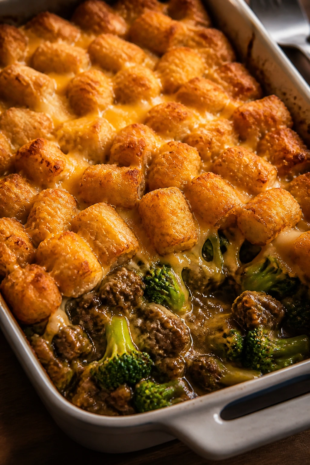 Casserole with cheddar topping and tater tots on beef and broccoli