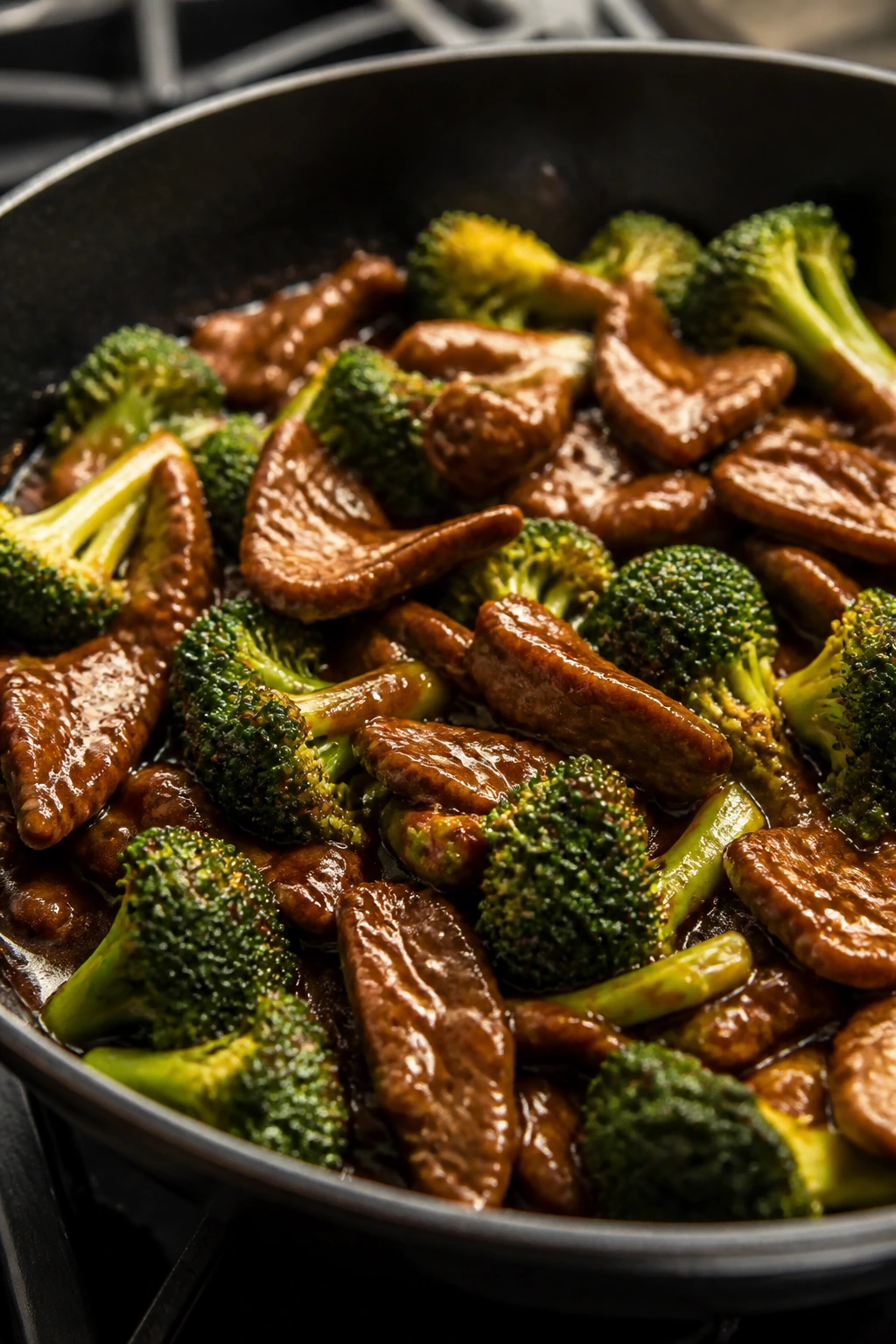 Beef and broccoli with teriyaki glaze in a skillet