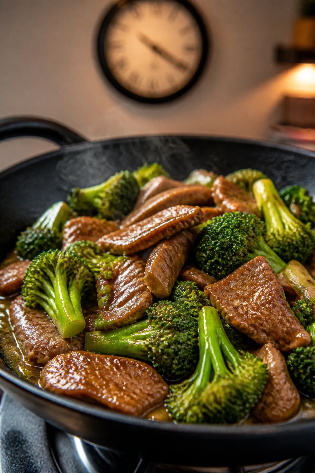 Beef broccoli in a pan with a clock silhouette in the background