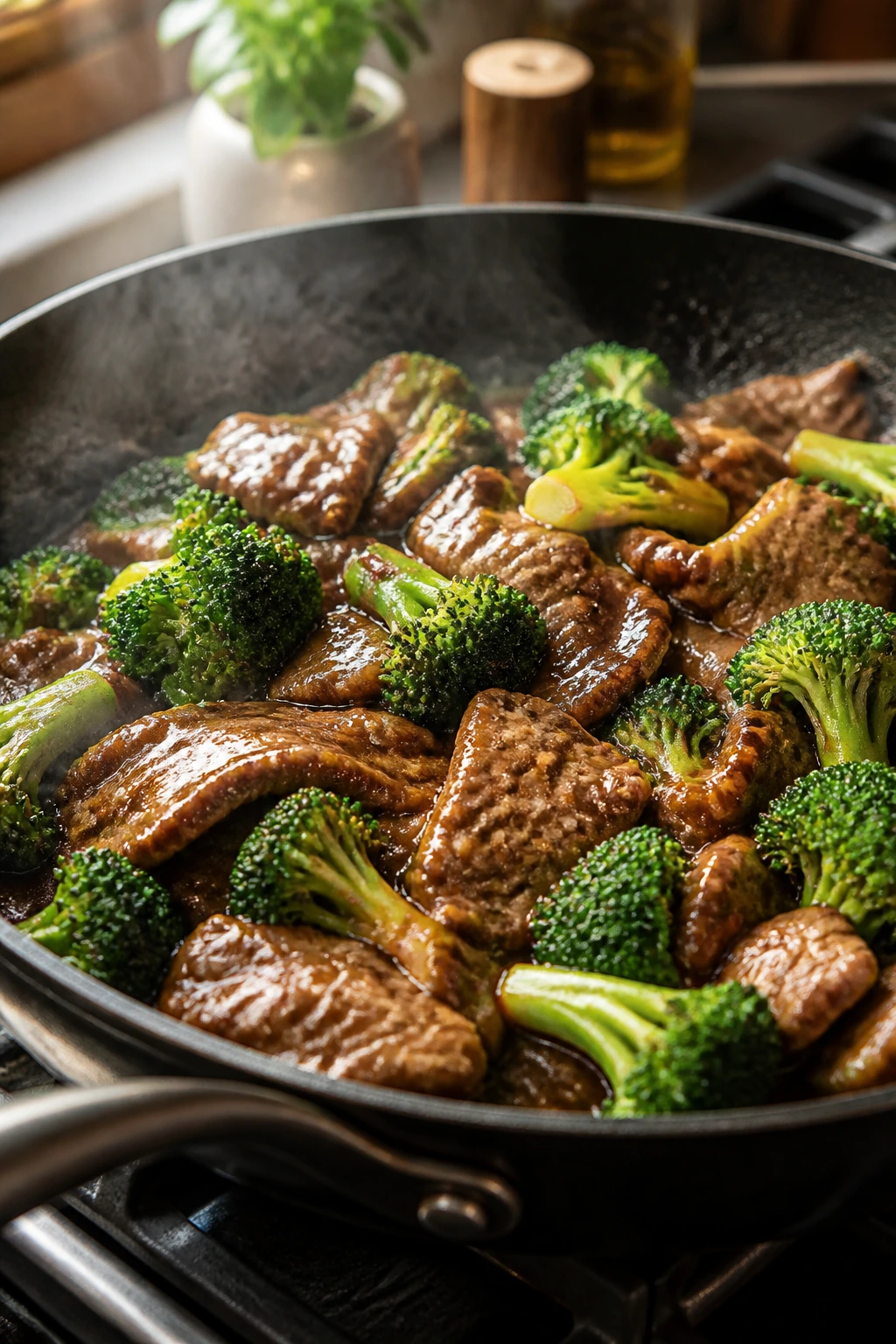 Beef and broccoli in skillet with glossy sauce on stove