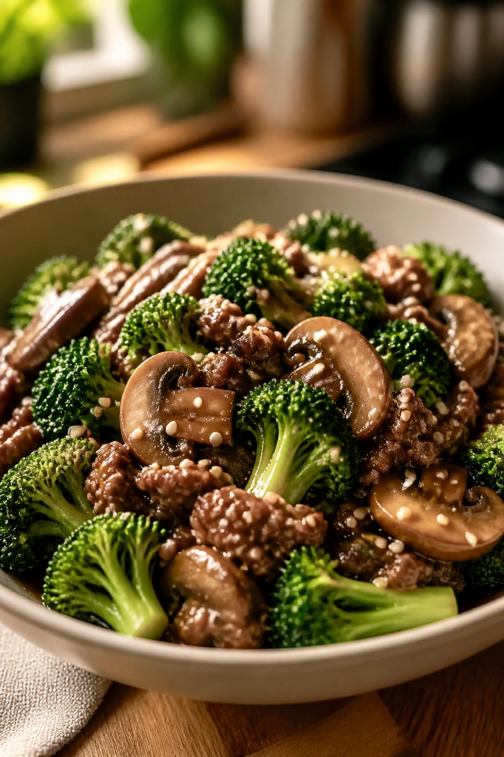 Beef and broccoli bowl with mushrooms variation