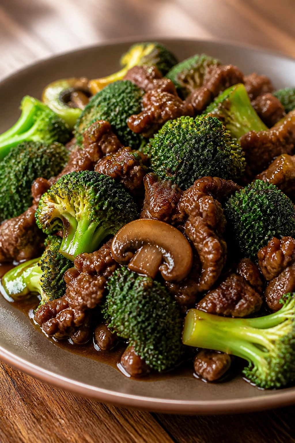 Beef and broccoli plated dish with glossy glaze and vibrant greens.