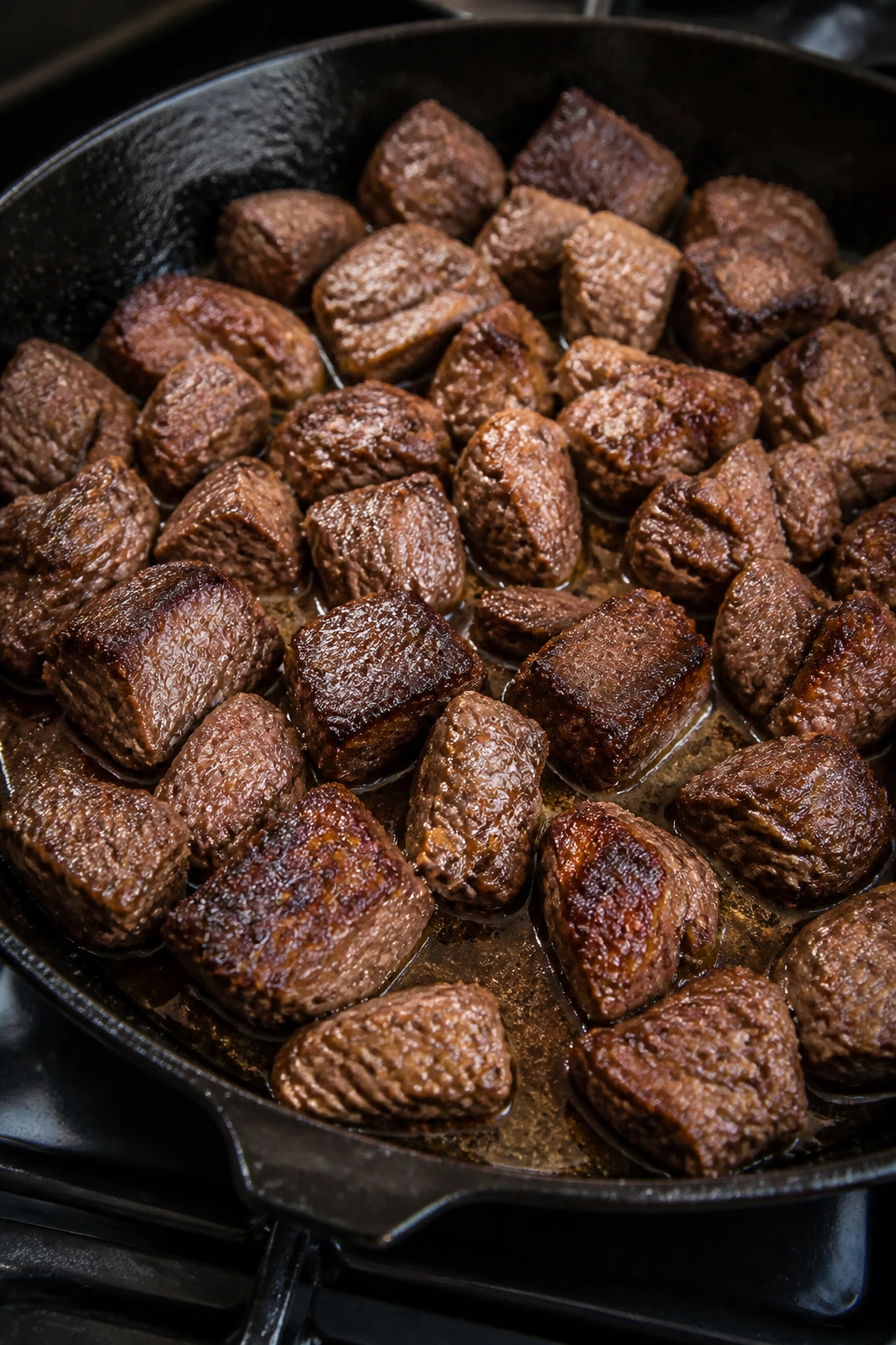 Beef cubes crowded in a pan with uneven browning.