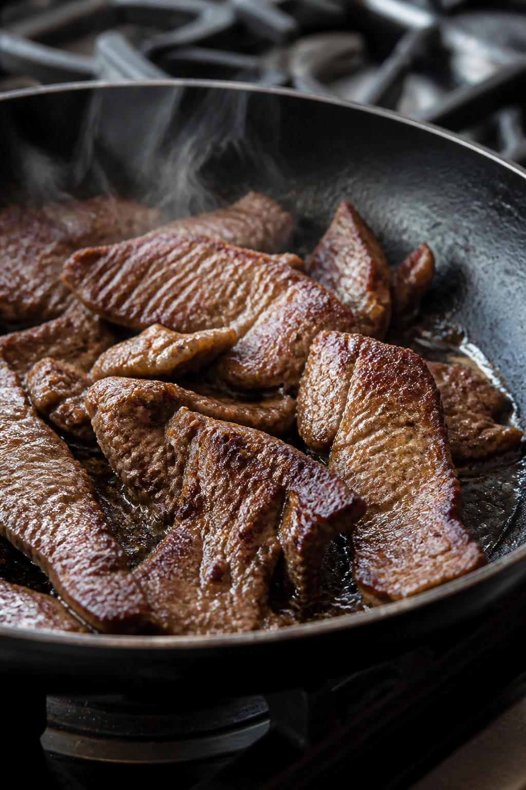 Beef browning with seared crust in hot pan