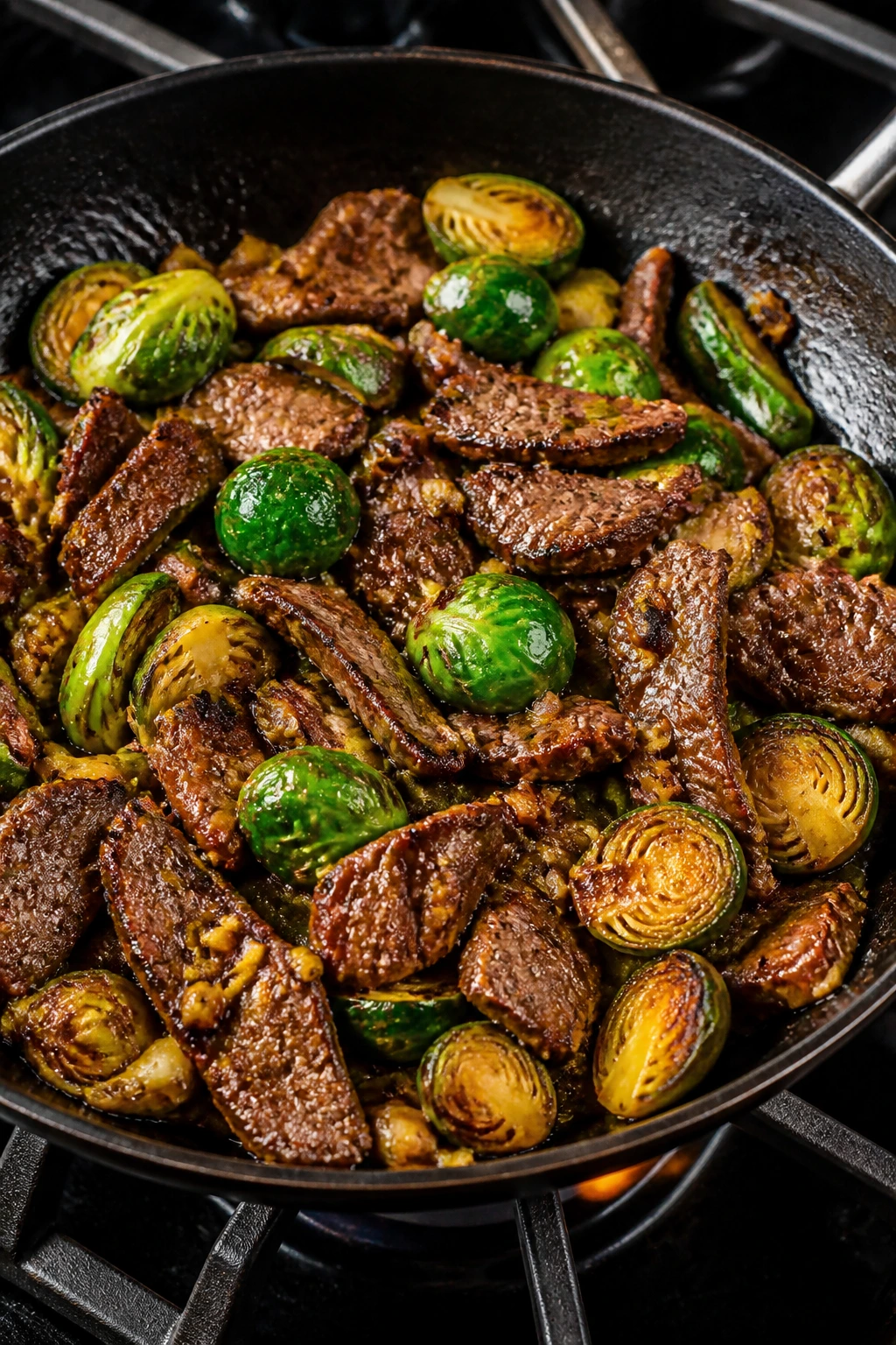 Beef and Brussels sprouts ginger stir-fry in a sizzling skillet