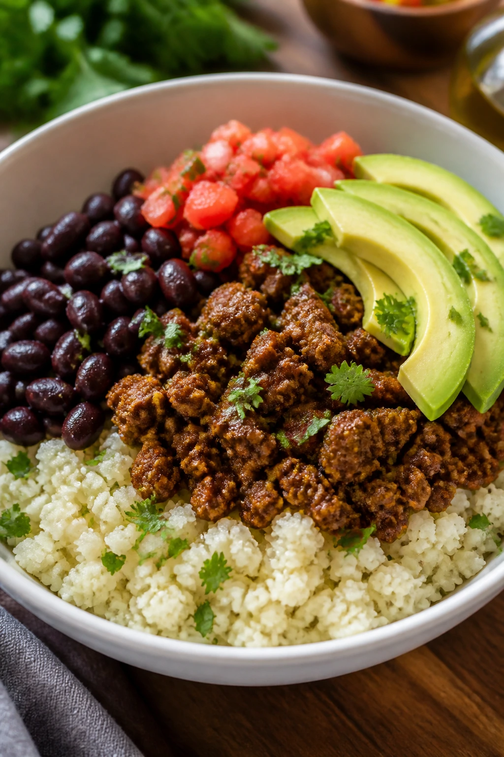 Beef cauliflower rice burrito bowl with beans salsa and avocado