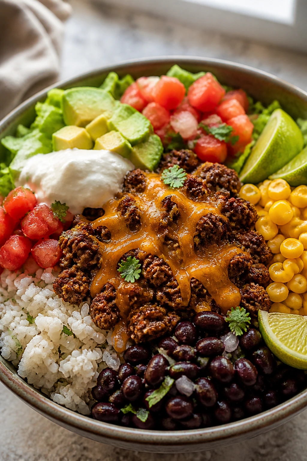 Close-up of a burrito bowl with beef and toppings