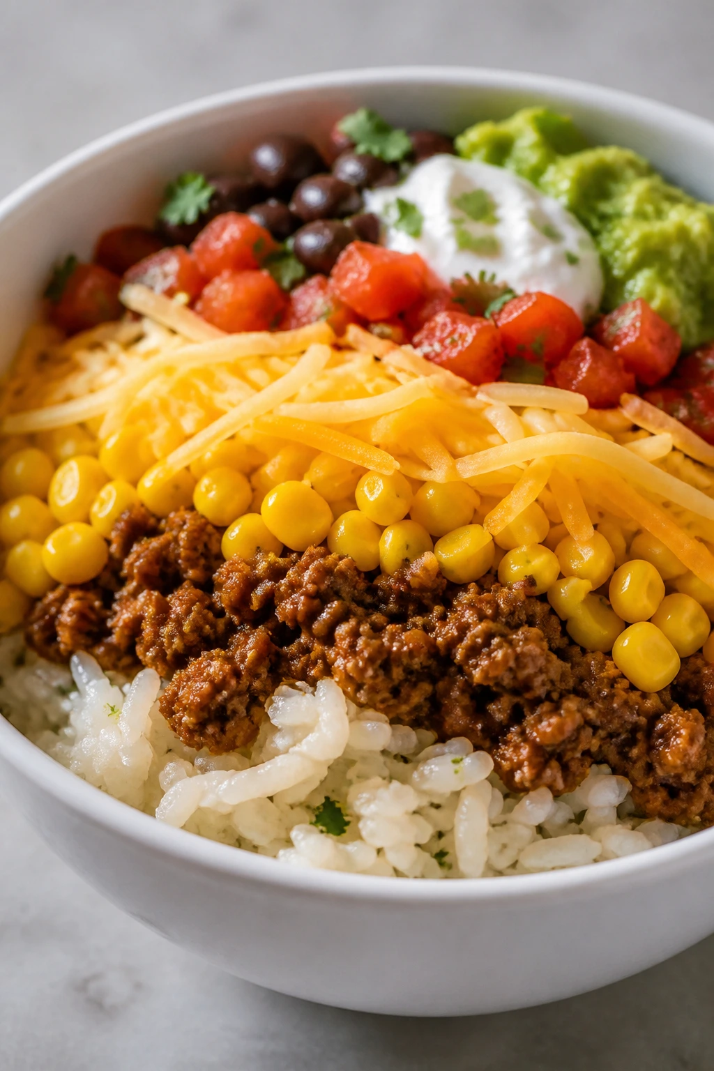 Burrito bowl with rice, beef, corn, and cheese