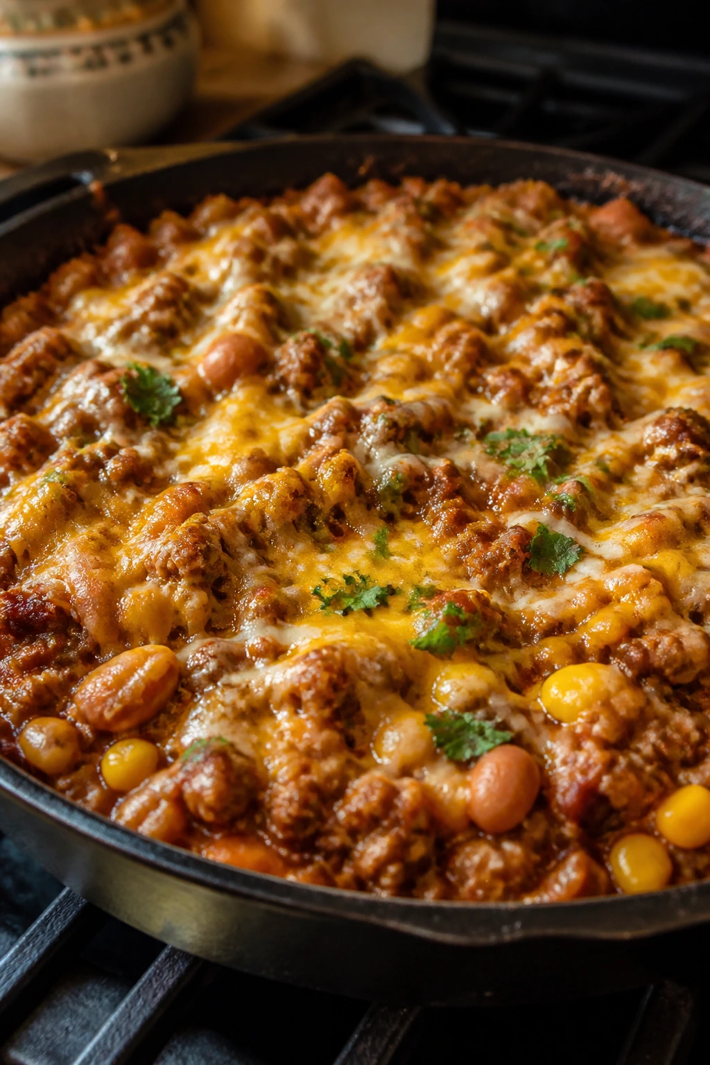 Beef and bean burrito skillet with melted cheese