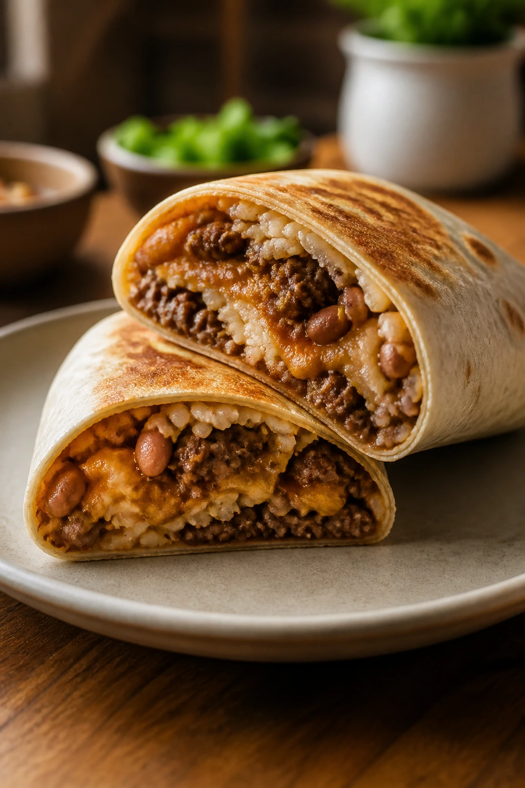 Close-up of a beef and bean burrito half on a plate