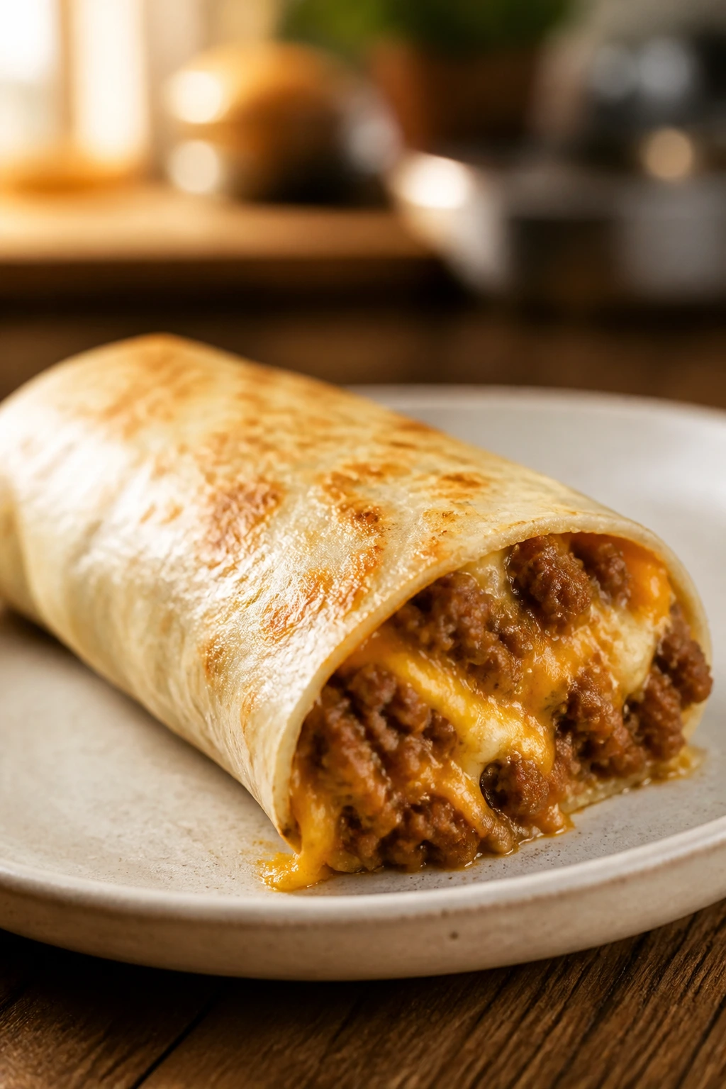 Close-up of cheesy beef burrito on plate