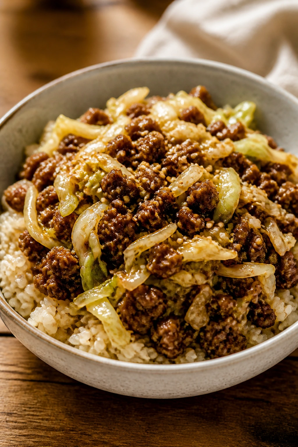 Close-up of Korean-Style Beef and Cabbage Bowl with cabbage and sesame seeds