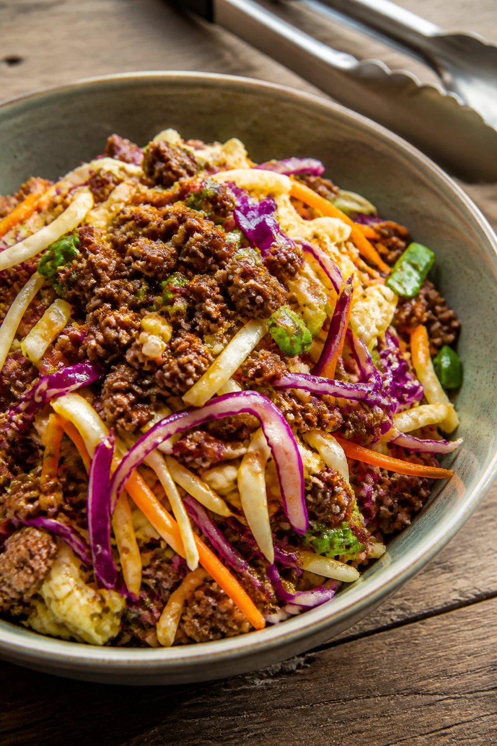 Close-up of beef and cabbage crunch bowl with cabbage and carrots