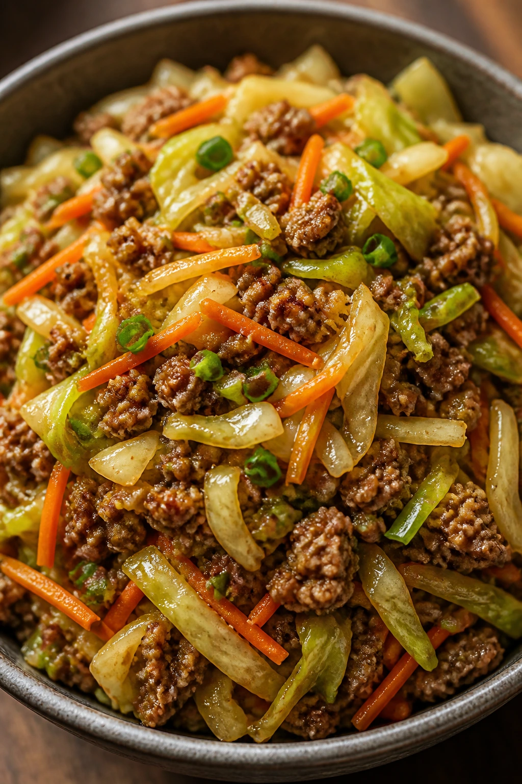 Beef and cabbage stir-fry in a bowl