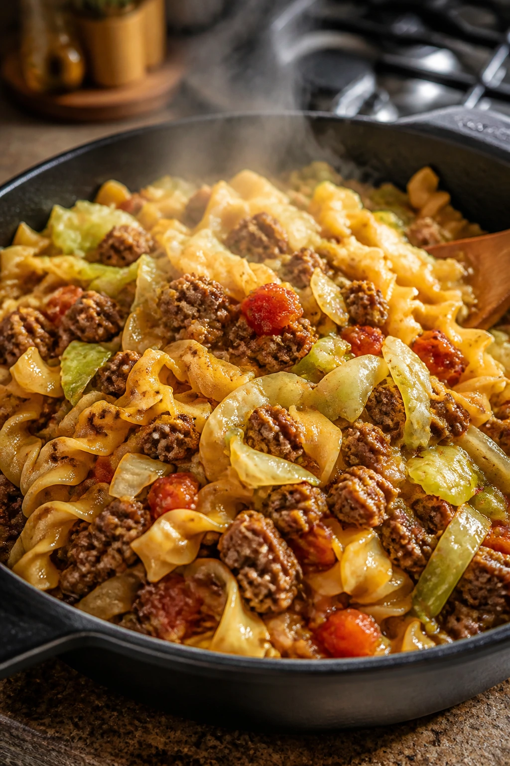Close-up of beef, cabbage, and noodles in a skillet