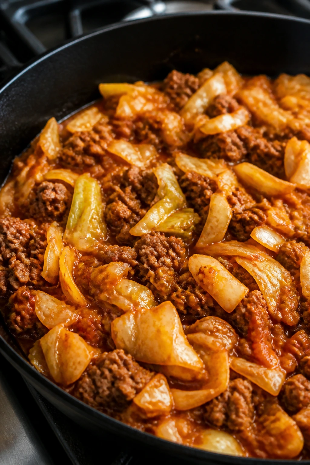 Close-up of beef and cabbage skillet with tomato sauce