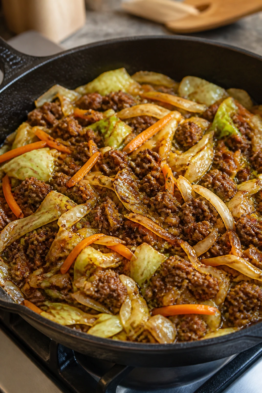 Close-up of beef and cabbage skillet on stove