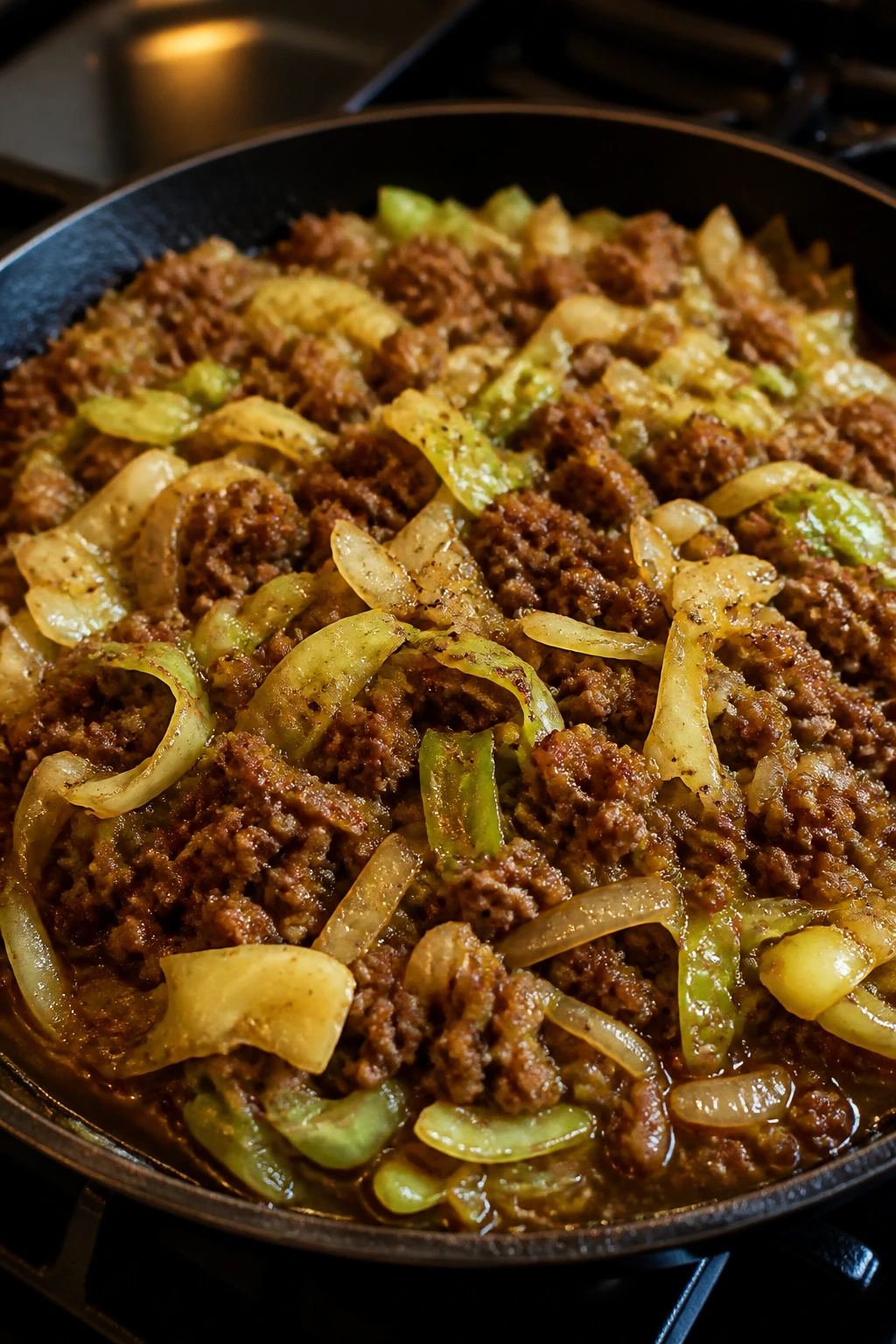 Close-up beef and cabbage skillet in a copper pan
