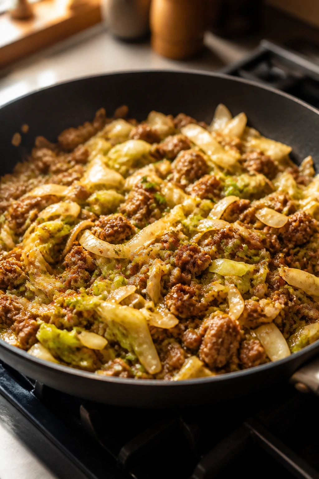 Close-up of Ginger-Garlic Beef and Cabbage Skillet with cabbage ribbons and browned beef in a home kitchen
