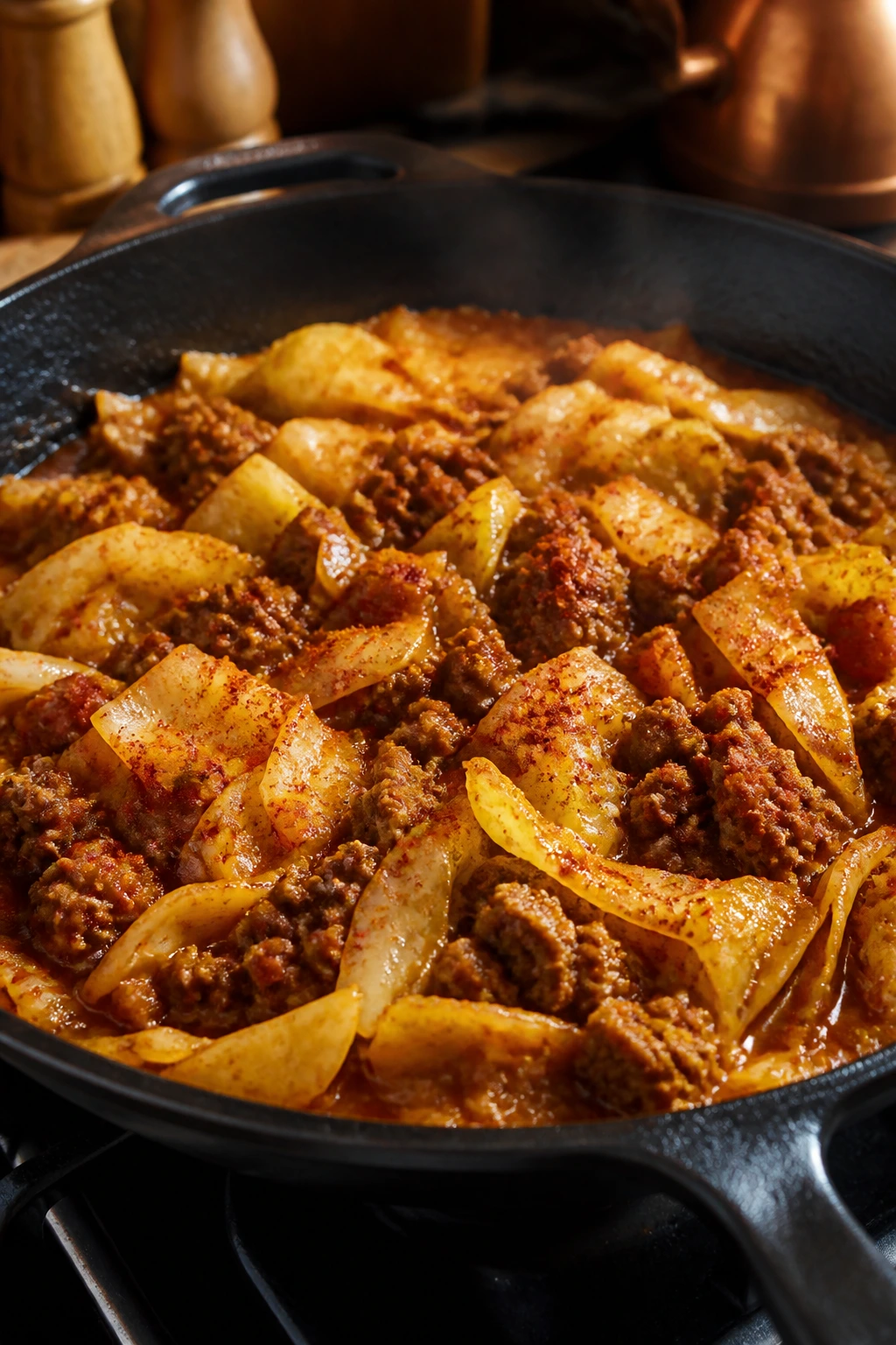 Beef and cabbage skillet with smoked paprika in cast iron