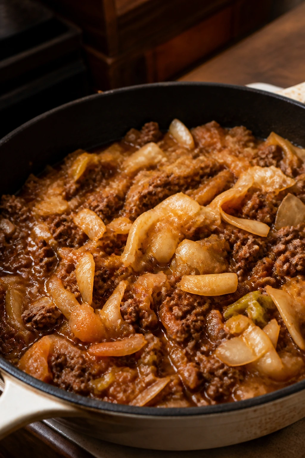 Beef and cabbage skillet with tomato paste and broth in a deep pan.