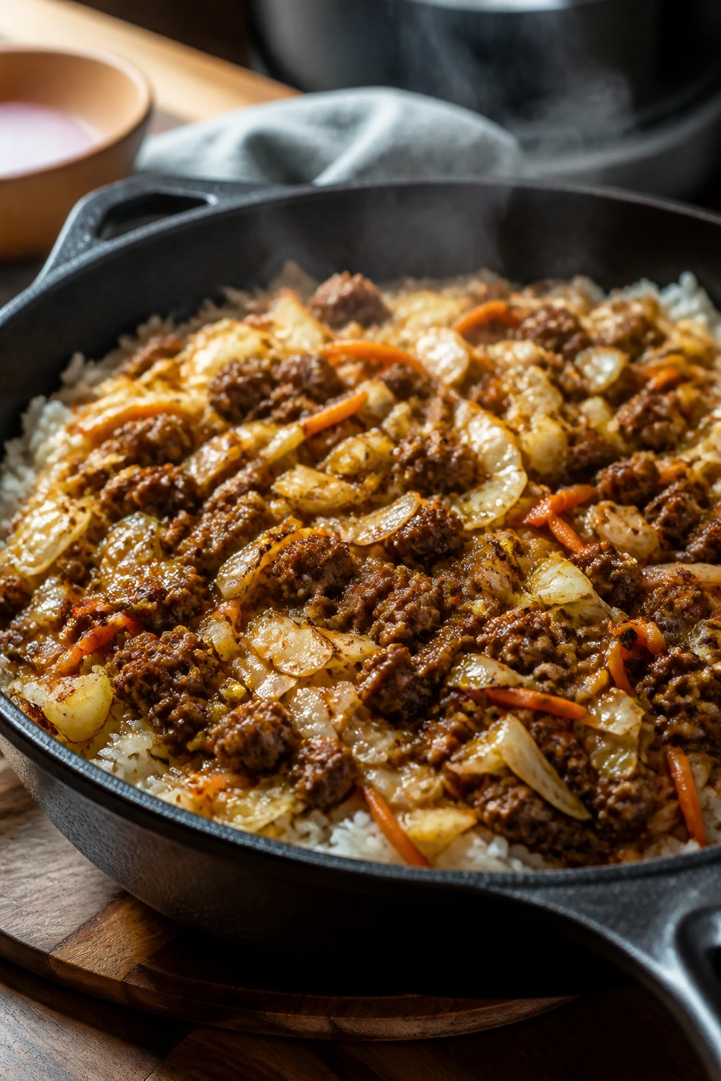 Close-up of beef and cabbage skillet with carrots in a cast-iron pan