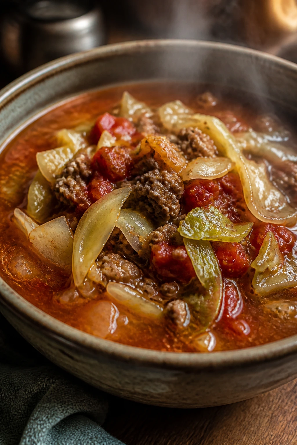 Steaming beef and cabbage soup in a rustic bowl