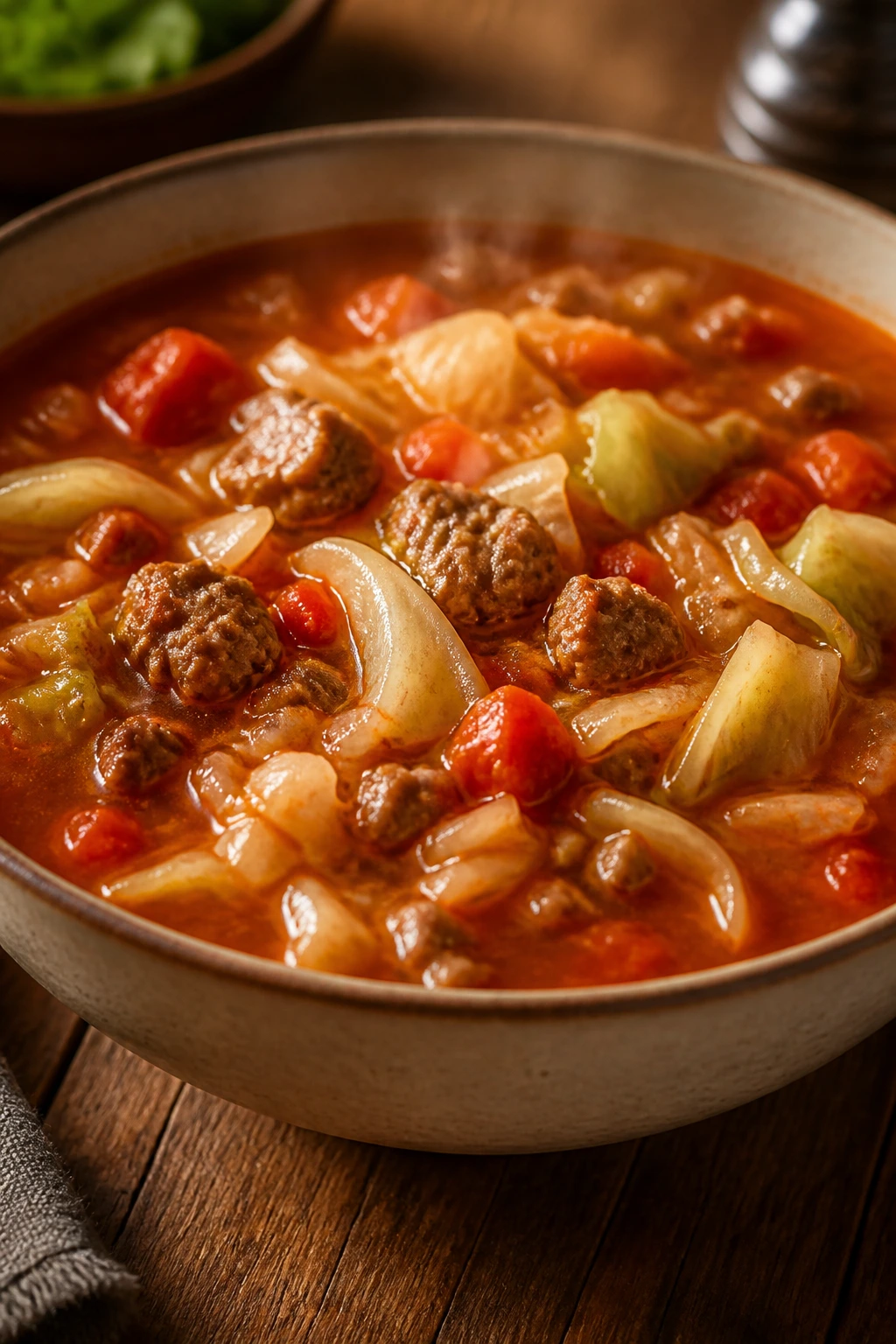 Steaming bowl of beef and cabbage soup