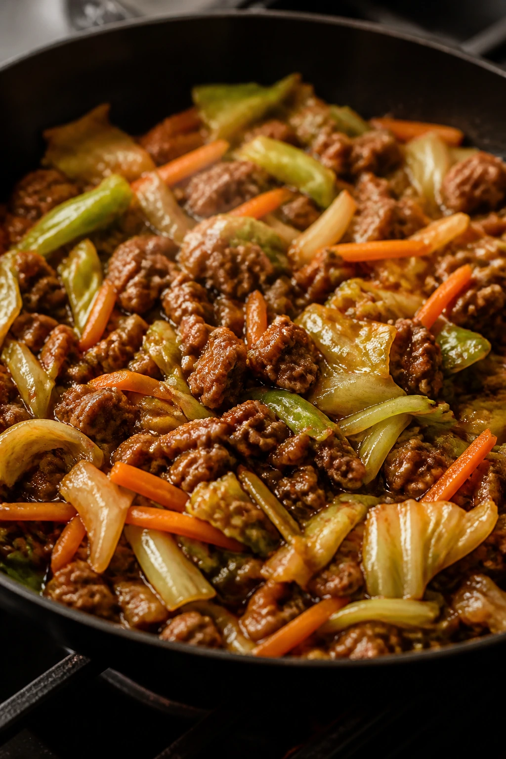 Beef and cabbage stir-fry in skillet