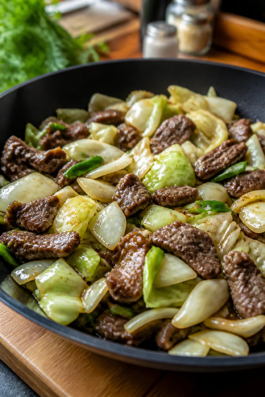 Close up of beef and cabbage stir fry in a skillet