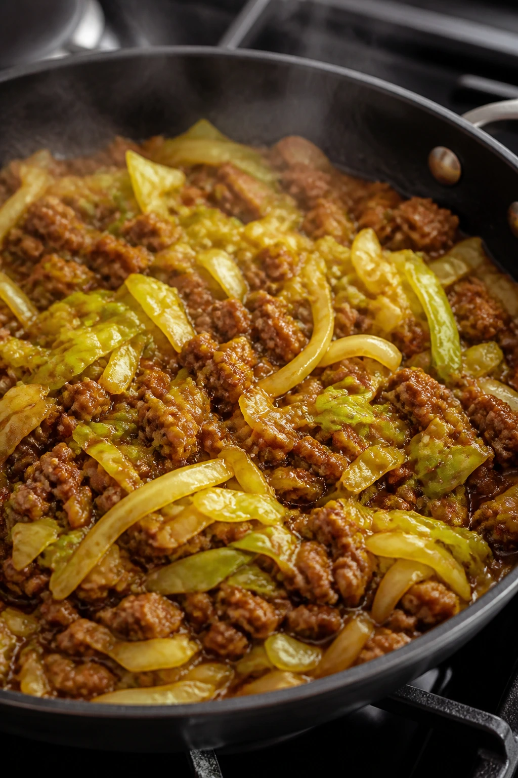 Beef and cabbage stir-fry in a skillet with glossy sauce