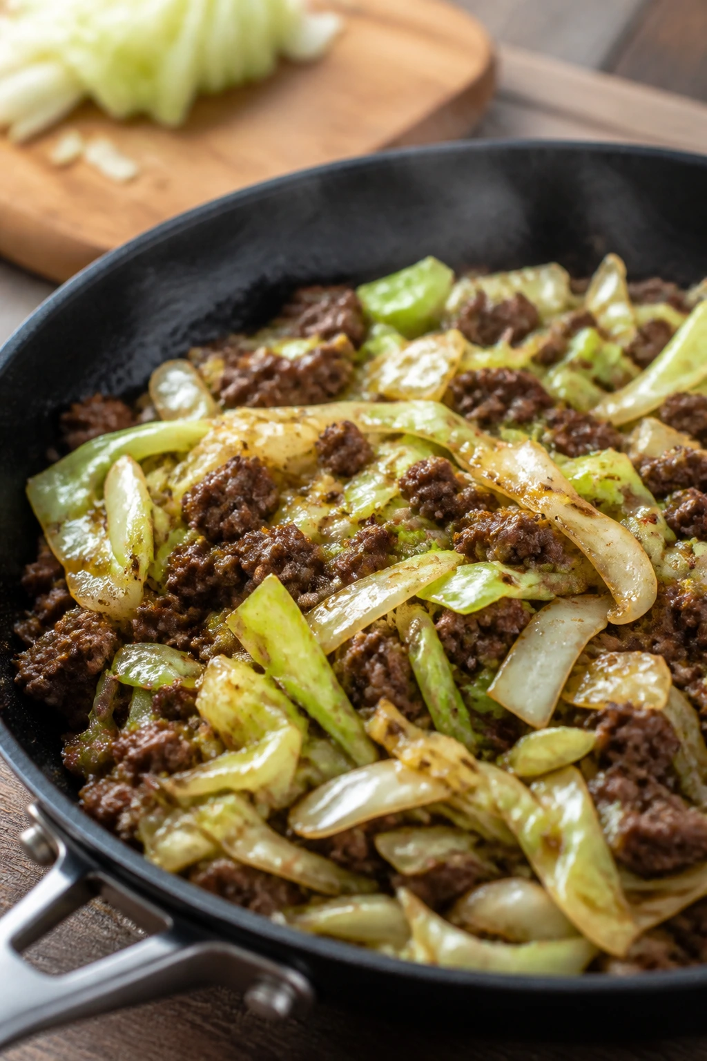Beef and cabbage stir-fry in a skillet with glossy sauce