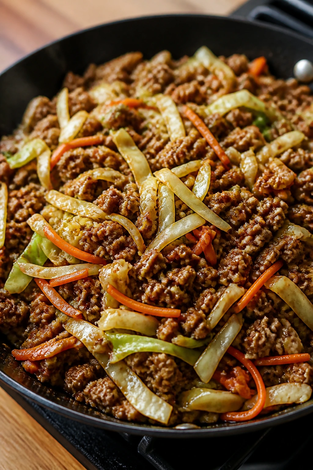 Beef and cabbage stir-fry in a sizzling skillet