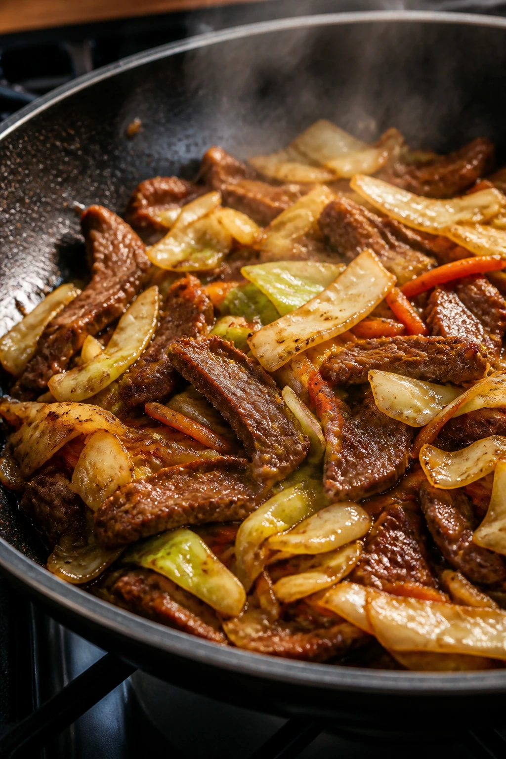 Beef and cabbage stir-fry in a skillet