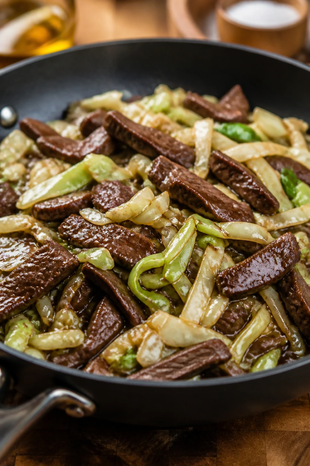 Close-up of beef and cabbage stir-fry in a skillet