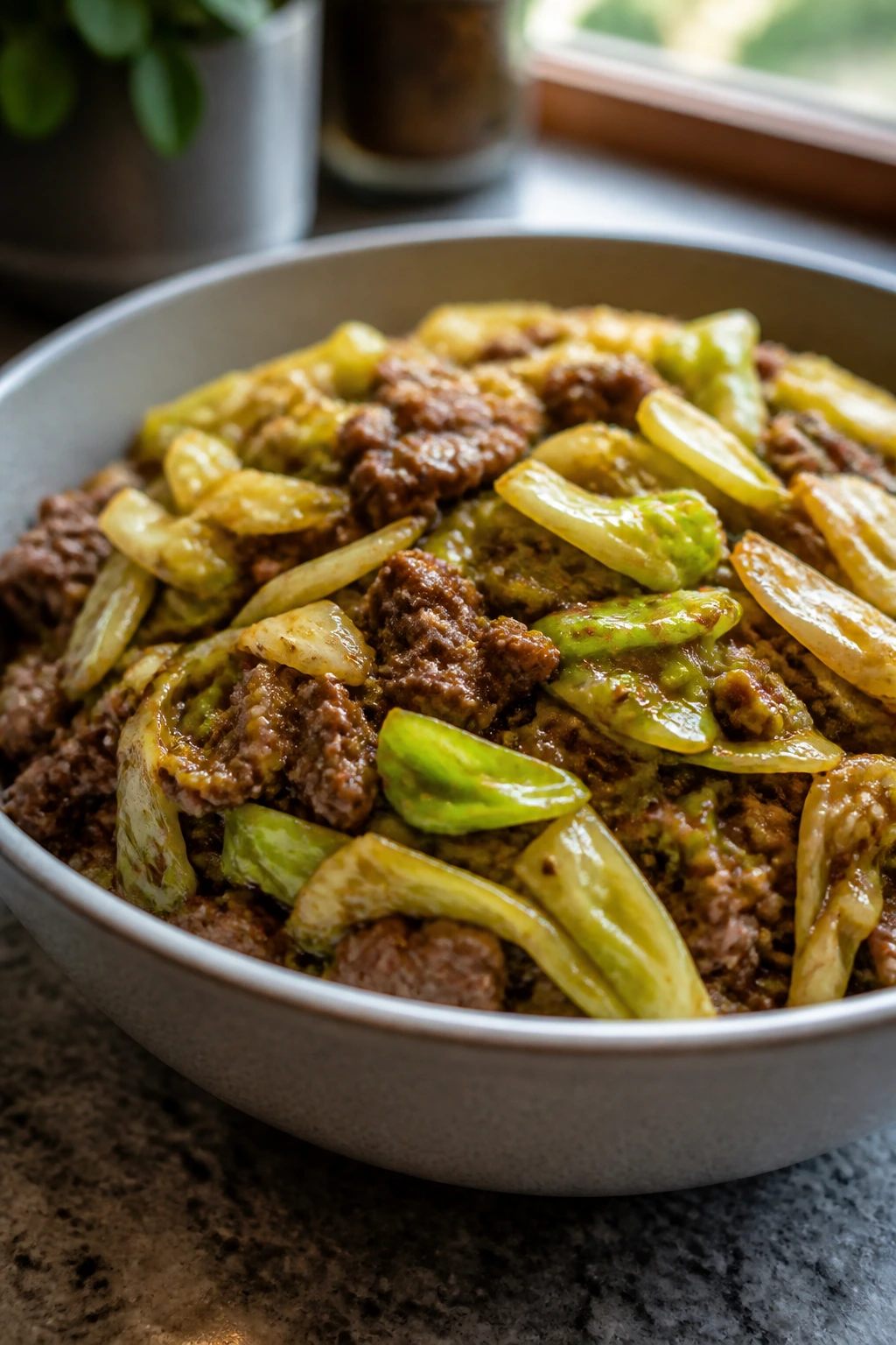 Close-up bowl of beef and cabbage stir-fry with glossy sauce